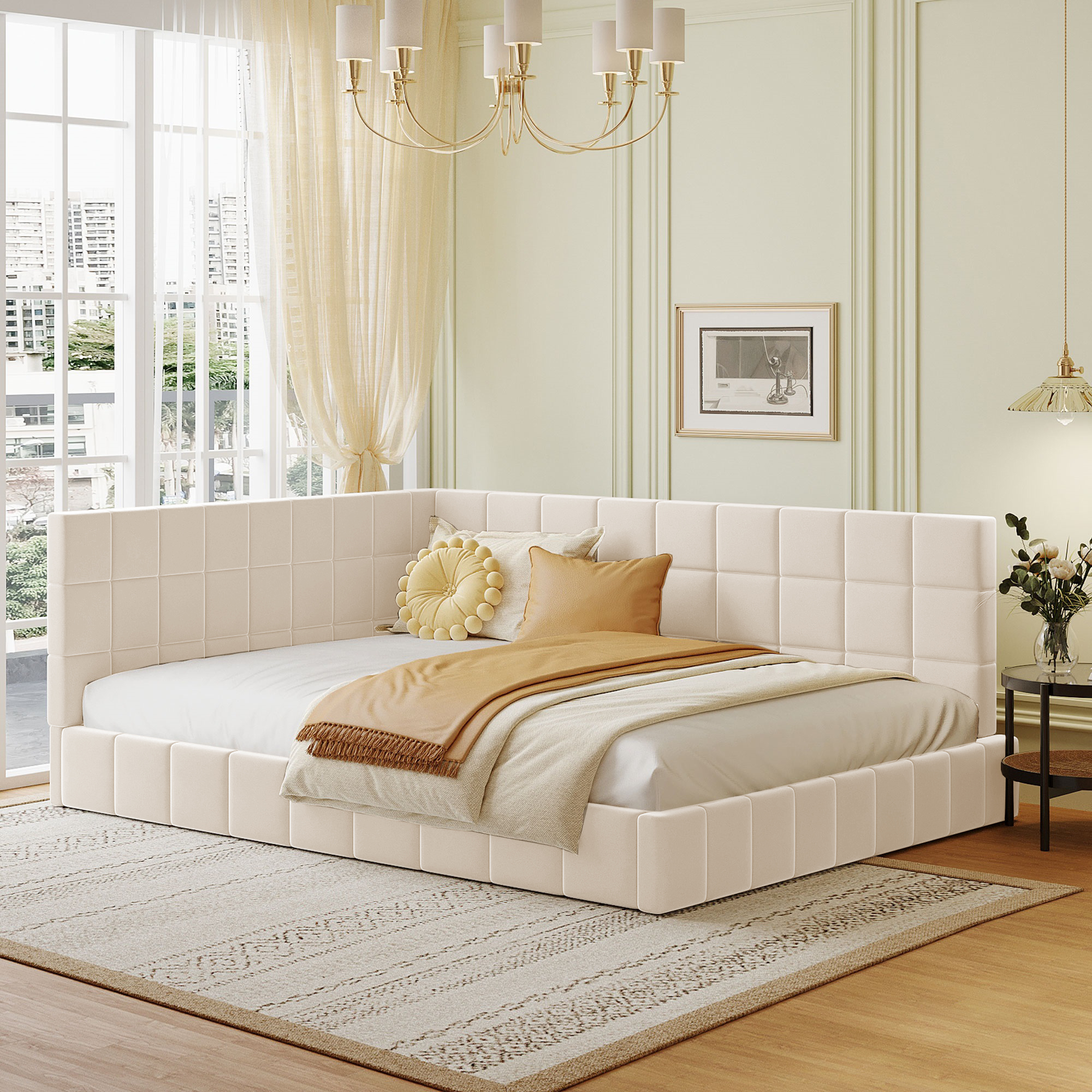 MODFU Polsterbett Schlafsofa 140×200cm mit Lattenrost und Kopfteil, Samt(Ohne Matratze), Beige