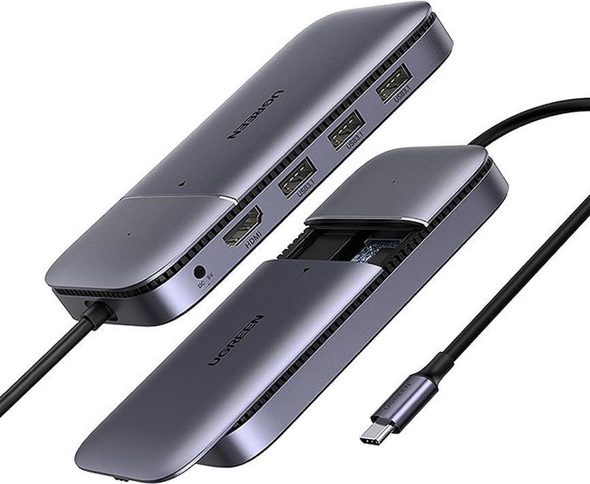 Ugreen 6W1 Multifunkčný Hub Usb Typ C - 3X Usb 3.2 Gen 2 (10Gbps) / Hdmi 4K 60Hz / Usb Typ C Pd / Dc Pocket Ssd Sata M.2 Sivá (Cm296 70449)