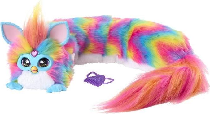 Hasbro Furby DJ Furby, interaktives elektronisches Plüschtier in Regenbogenfarben mit Musik, Lichtern, Bewegungen und Spielen, spricht Französisch und Fell