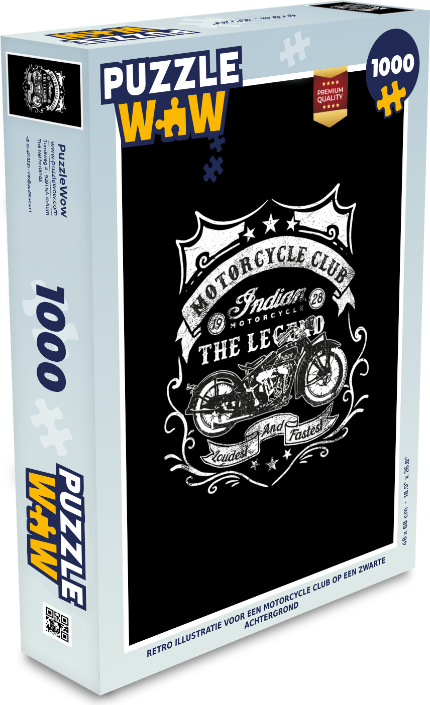 MuchoWow® Puzzle 1000 Teile Retro-Illustration für einen Motorradclub auf schwarzem Hintergrund - Spielzeug - Alt und Jung - Spiele - Puzzeln 136|51590483