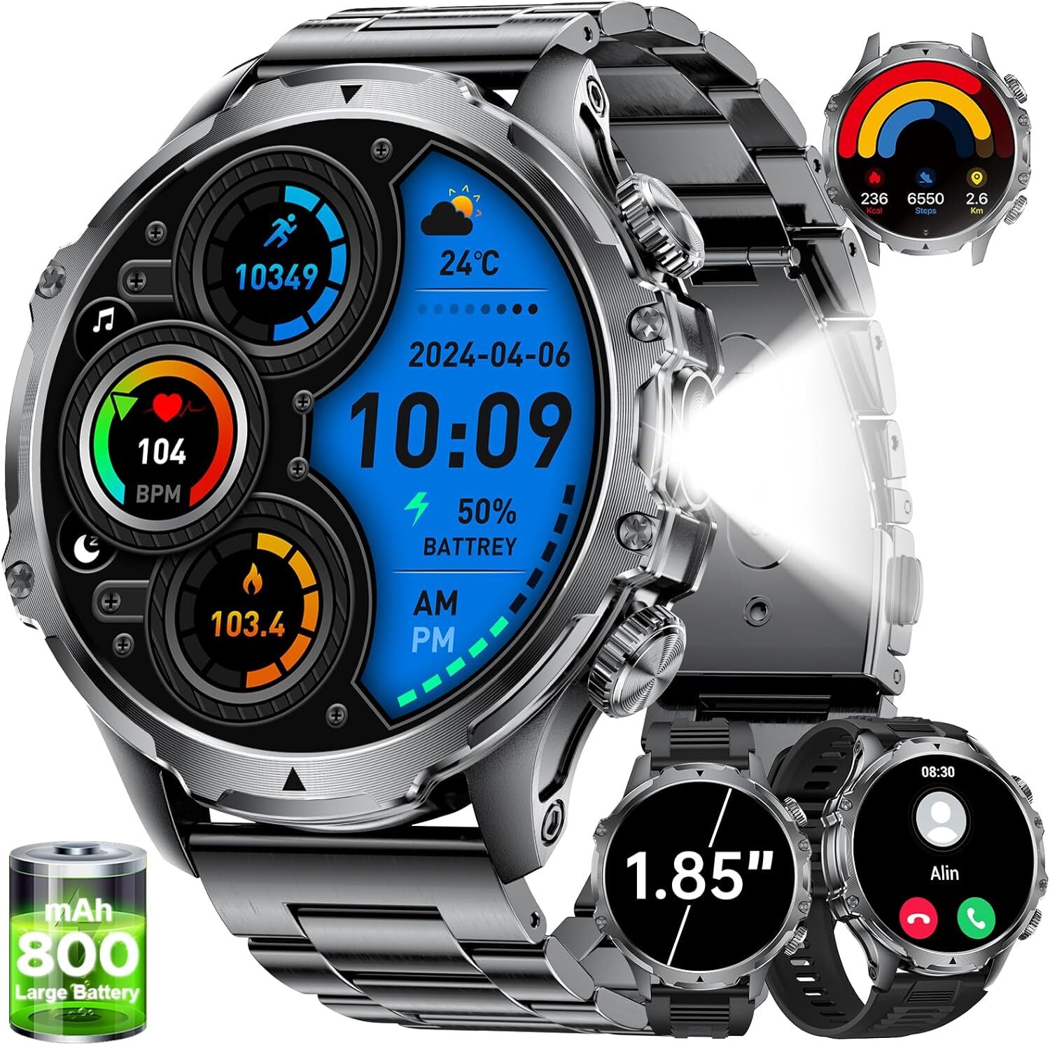 Smartwatch Muži 800mAh batéria HD veľký displej/LED baterka s funkciou telefónu, 110+ športových režimov Fitness IP68 vodotesné