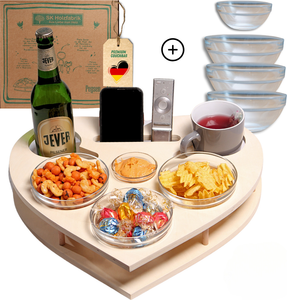 SK Holzfabrik Couchbar Snackbox Herz in weiß mit 4 Glasschalen | Snackbar aus Holz für die Couch | Sofabutler für Snacks & Getränke