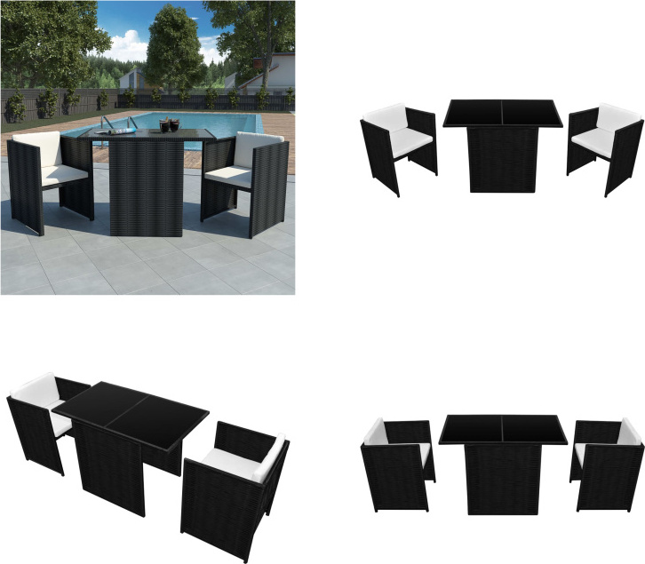 vidaXL 3 ks Bistro Set s vankúšmi Poly Rattan Black - Set záhradného nábytku - Sety záhradného nábytku - Záhradný stôl a stoličky - Záhradné stoly a stoličky