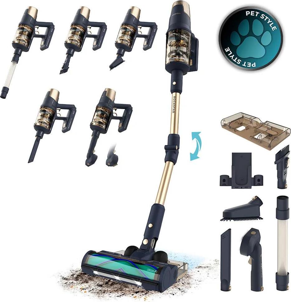Cecotec Conga Rockstar RX70 AquaPet Flex, Tyčový vysávač, Bezvreckové, Čierna, Zlato, Suché a mokré, Cyklónový, 180 m²