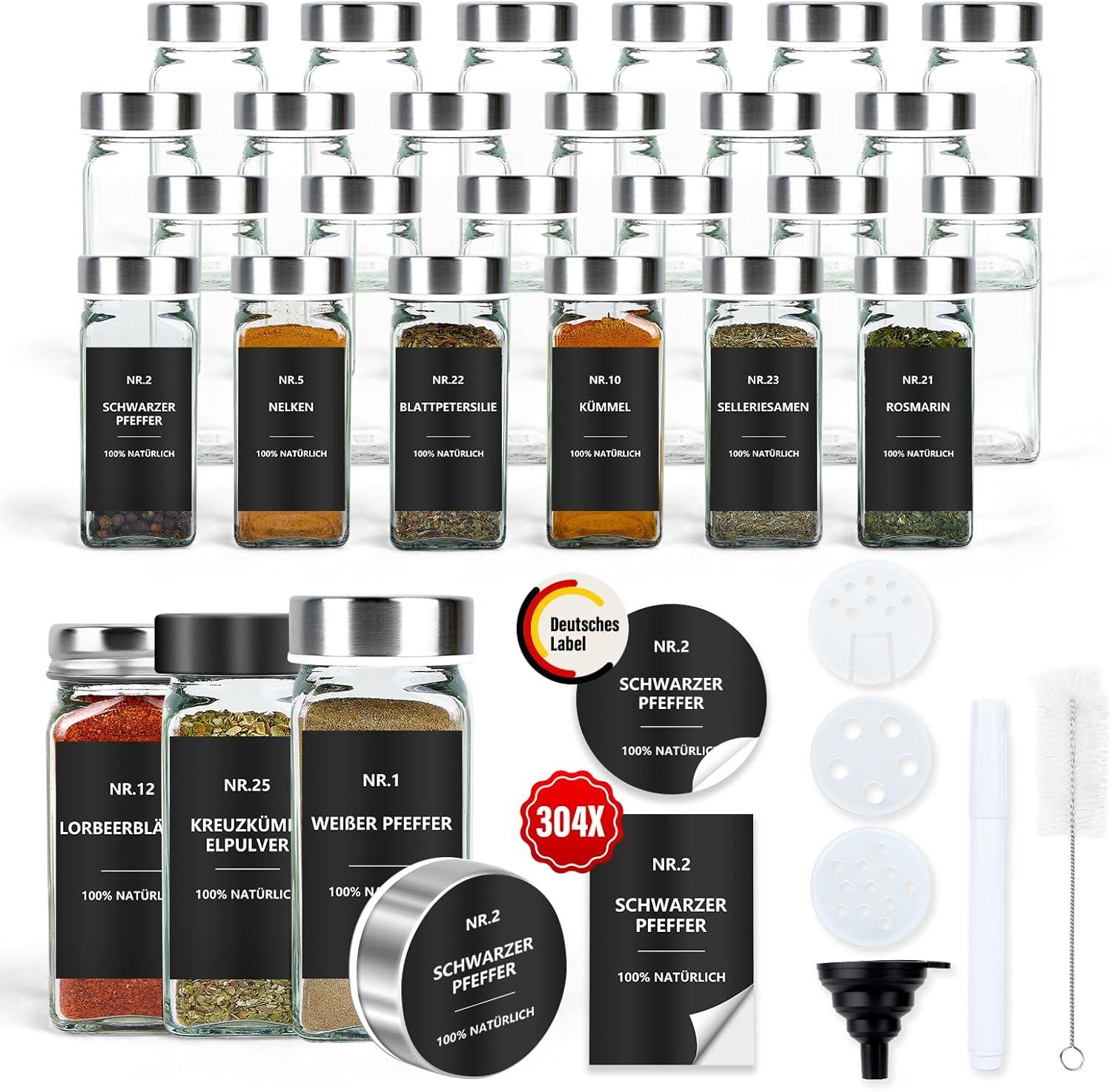 FORSMANO 24er Set Gewürzgläser mit Etiketten, 120ml Glas, Quadratisch, Streueinsatz, Wasserdicht, Gewürzaufbewahrung Küche, Silberdeckel