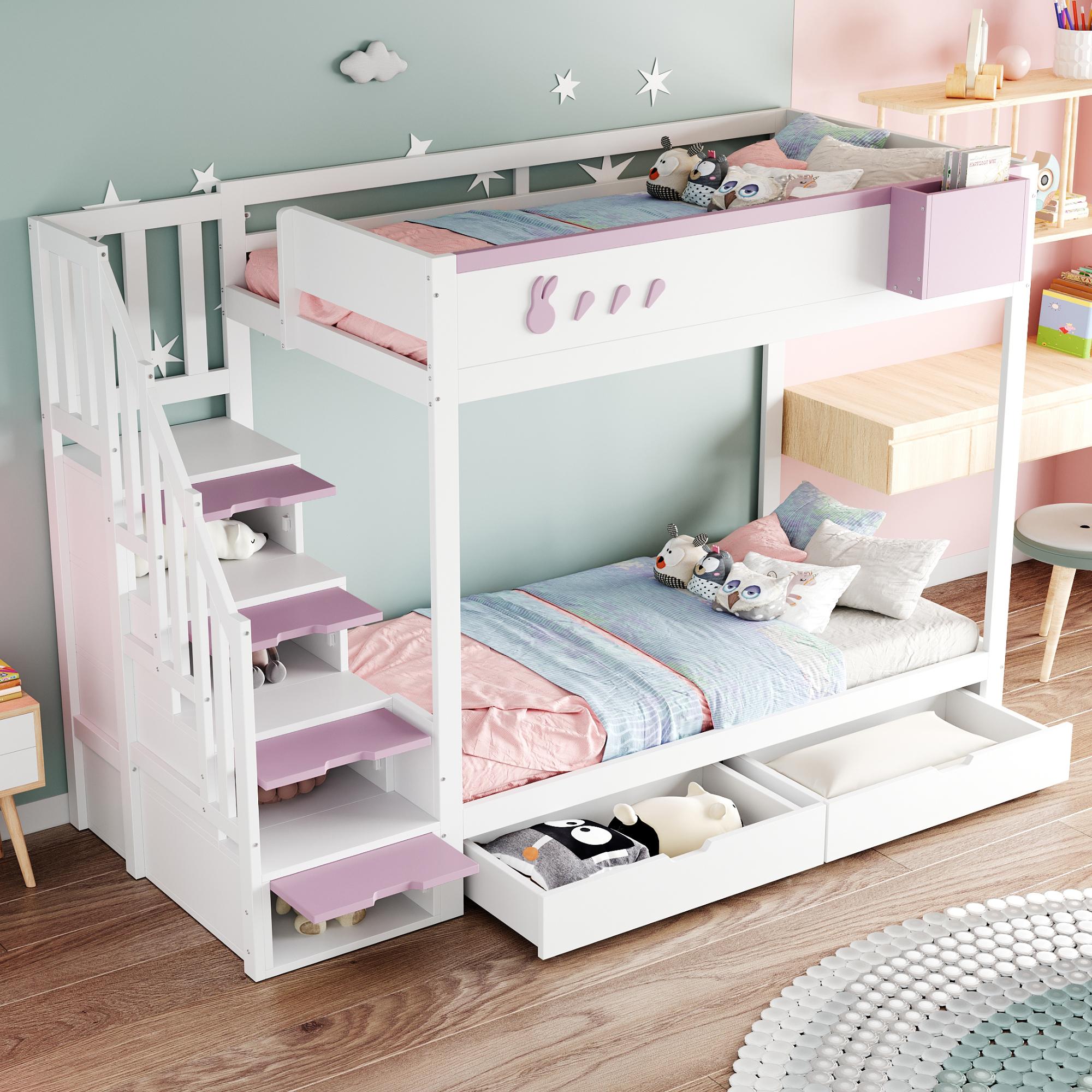 okwish Etagenbett mit zwei Matratze 90×200 Kinderbett mit Kaninchen-und Karottenmotiven,Holzbett Jugendbett mit abnehmbarem Ablagefach und Schubladen,Weiß+Rosa