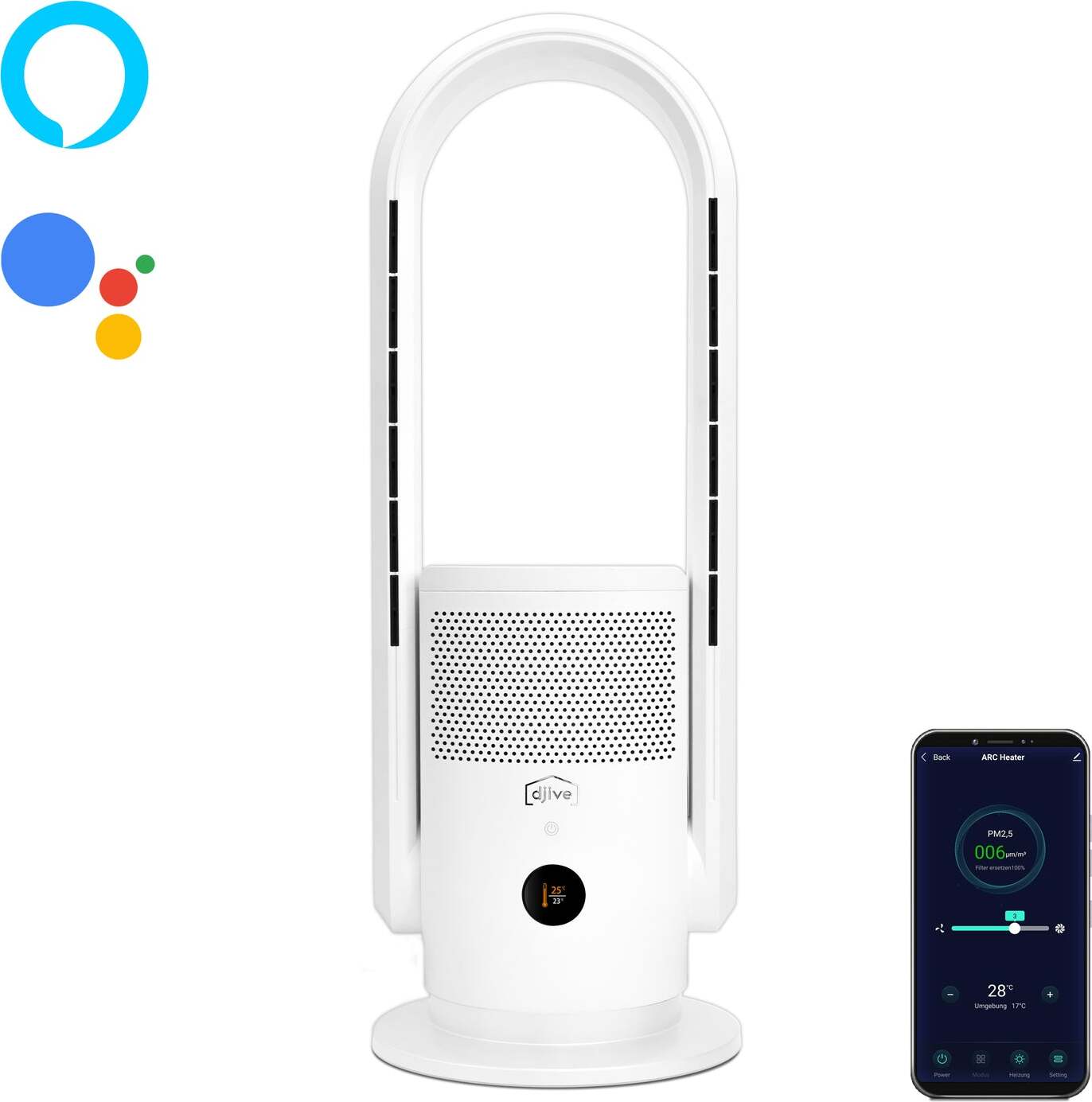 djive ARC Heater rotorloser 3in1 Luftreiniger + Heizlüfter + Turmventilator, leise, , HEPA14, bis 30°C, Auto-Heizfunktion, App, Alexa, weiß DJ50016