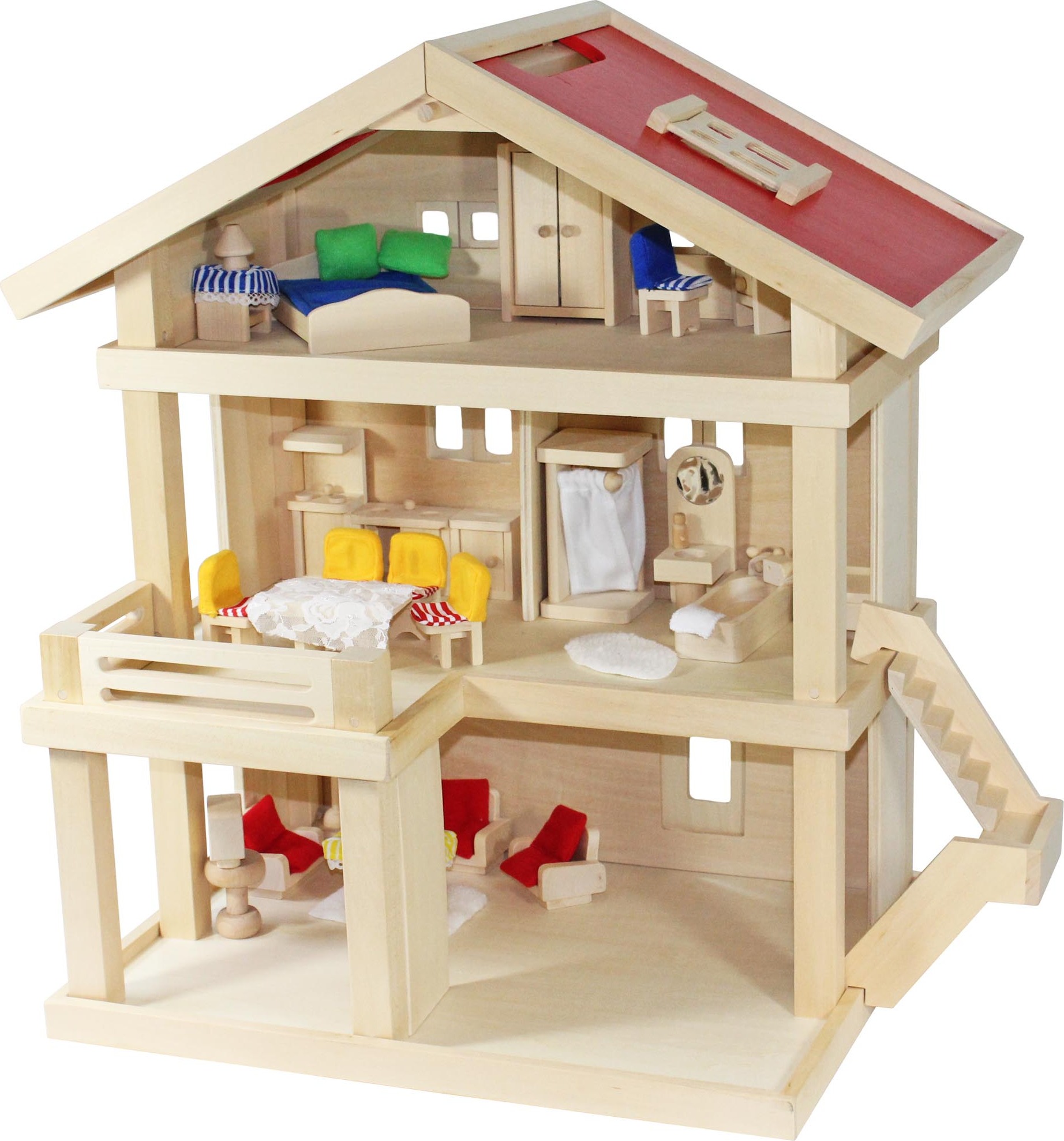 Villa Freda Puppenhaus Stadtvilla + Hussen + Puppenmöbel Holz 46x35x58 cm GF2154B_1944