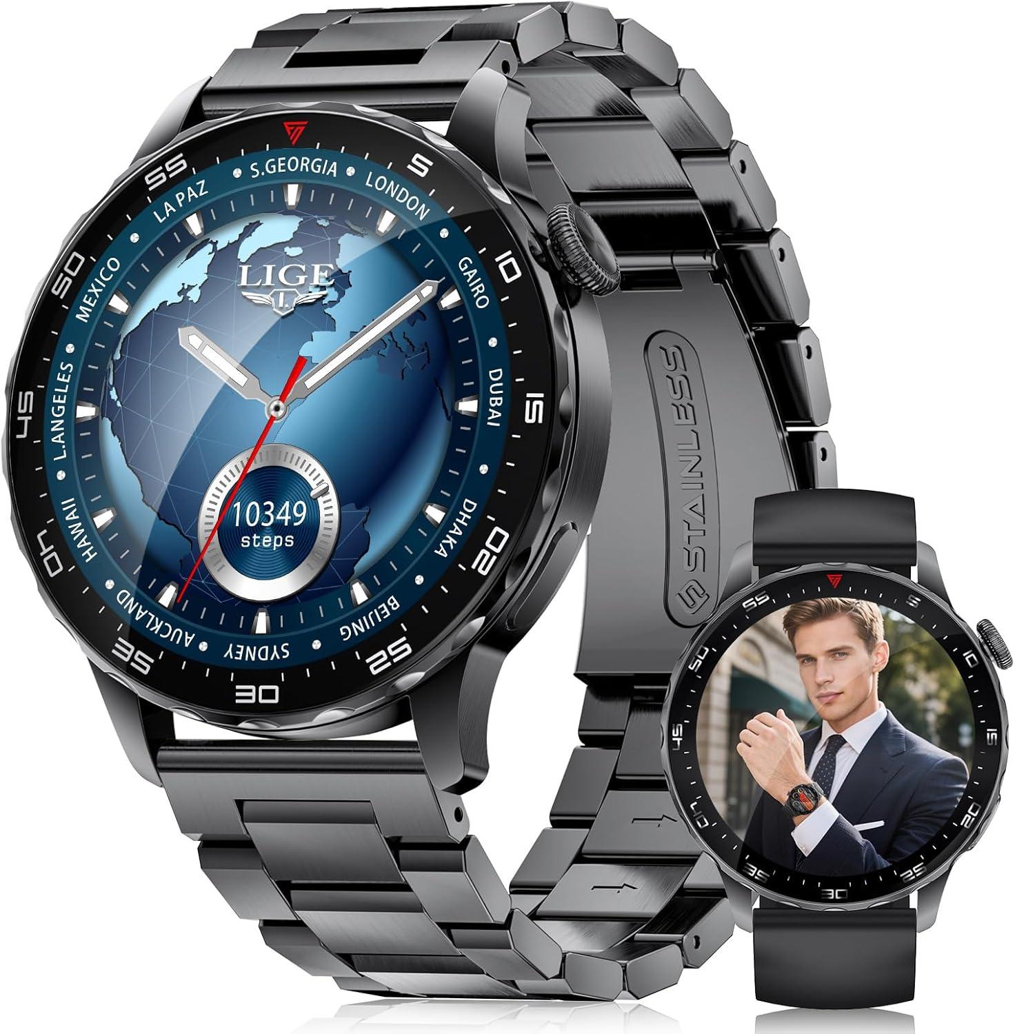 LIGE Herren Smartwatch 143 Inch AMOLED Fitness Uhr 123 Sportmodi SpO2 Herzfrequenz Schlafmonitor 3ATM wasserdicht