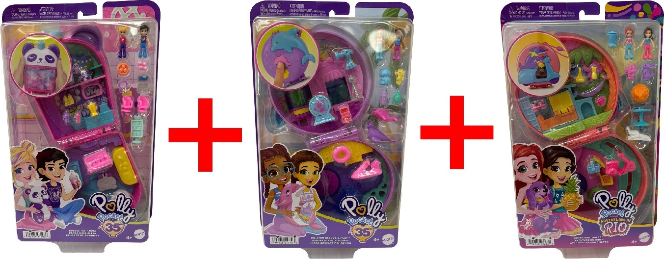 3er-Set Polly Pocket HWN9 Bubble Tea Panda Schatulle, HWN96 Delfin Rettungsstation Schatulle, HWN98 Moped-Schatulle, Mini-Puppen, Geschenk-Set