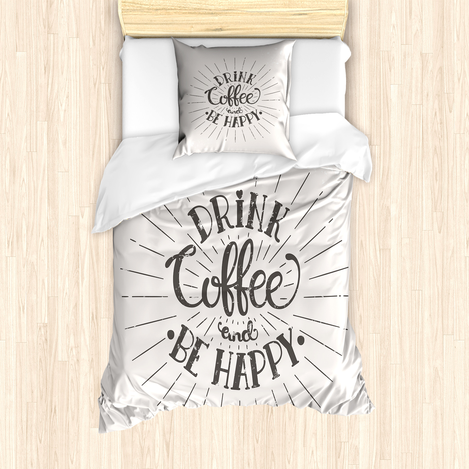 KOZMOS TEKSTL VE GER DÖNÜÜM SANAY TCARET LMTED RKET ABAKUHAUS Sei glücklich Bettbezug Set für Einzelbetten, Kaffee Wörter Grunge-Effekt, Milbensicher Allergiker geeignet mit Kissenbezug, 135 cm x 200 cm - 80 x 80 cm, Dunkler Taupe und Eggshell nevde_71310_135x200_de