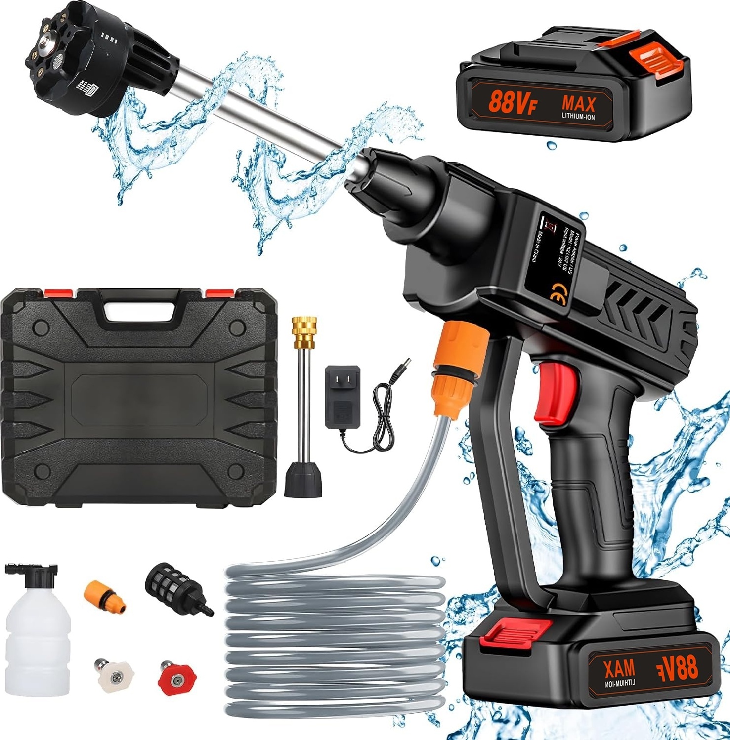 Traumheim Akku Hochdruckreiniger, 300W Hochdruckreiniger, KFZ-Reiniger mit 2 Akkus, 5 m Schlauch, für Autoreinigung Bewässerung TA-03