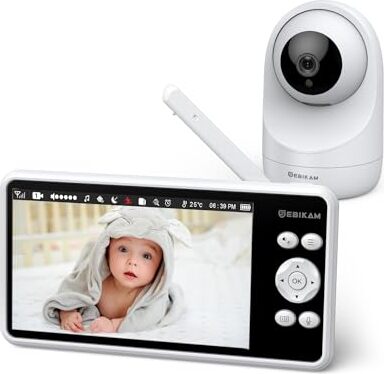 Detská monitorovacia kamera 5-palcová obrazovka s HD rozlíšením 720p, batéria 4000 mAh, režim PTZ 355° vox, nočné videnie, 2-cestný zvuk, interkom, funkcie,