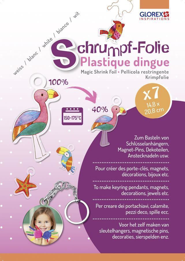 GLOREX Schrumpffolie Set A5, 7 Bogen Weiß – Für Schlüsselanhänger, Pins, Basteln Mit Kindern