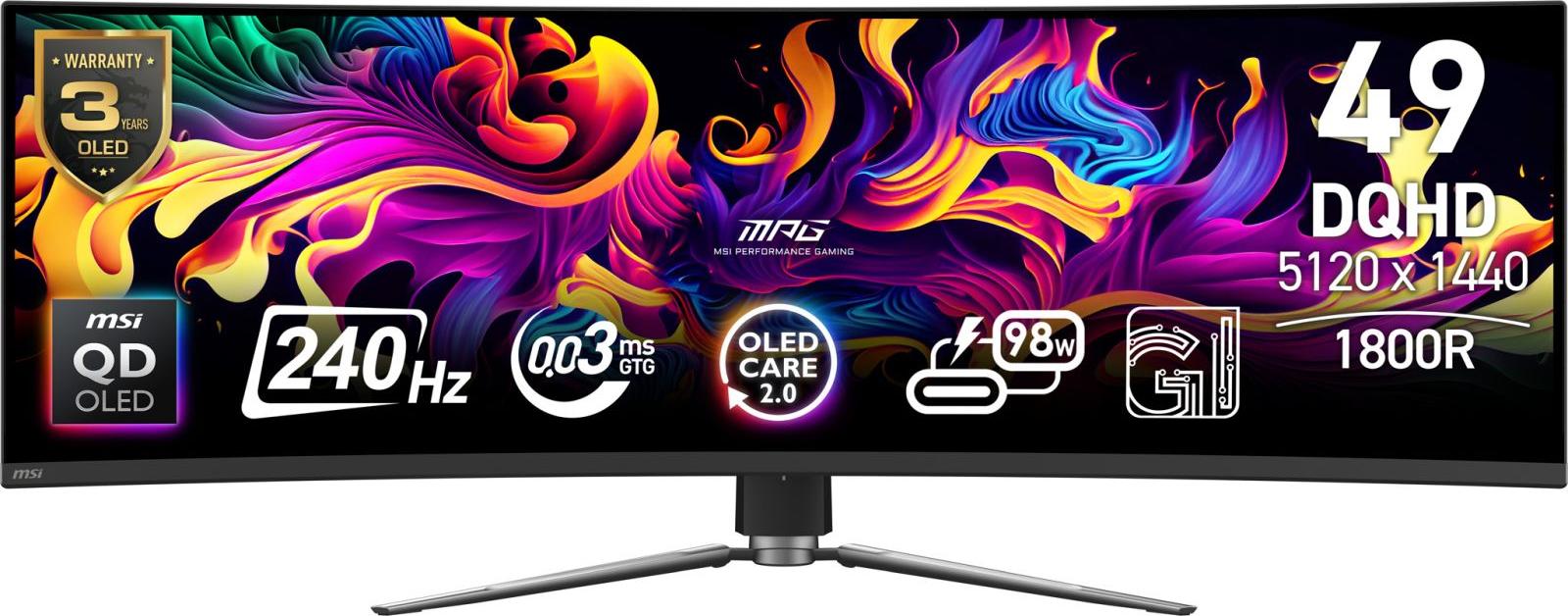 MSI MPG 491CQPXDE QD-OLED, 124,5 cm (49"), 5120 x 1440 px, Dual QHD, QD-OLED, 0,03 ms, Čierna