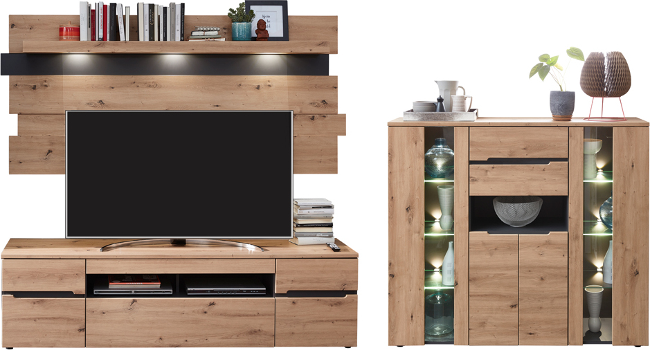 Lomadox Wohnwand mit LED Beleuchtung MANRESA-36 in Artisan Eiche Nb. mit Graphit, B/H/T: ca. 357/190/47 cm MANRESA-36-SET13