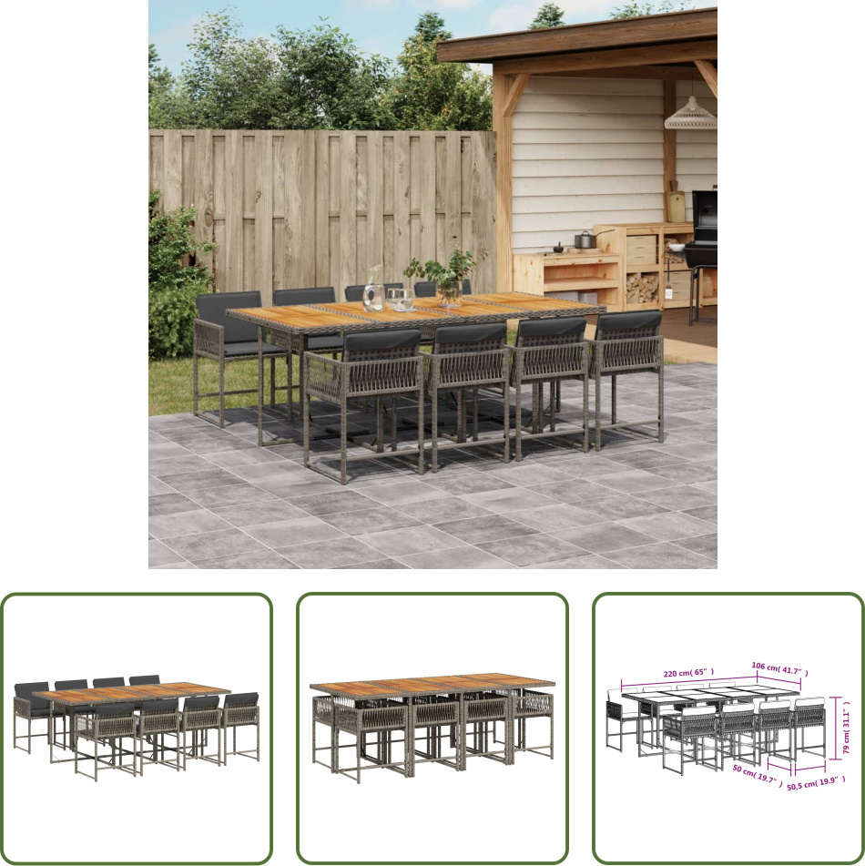 The Living Store 9-dielny záhradný jedálenský set s vankúšmi sivý polyratan