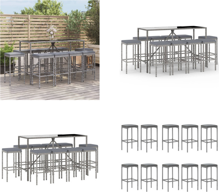 vidaXL 11 tlg. Gartenbar Set mit Kissen Grau Poly Rattan - Gartenbar Set - Gartenbar Sets - Garten Bar Set - Gartenbar