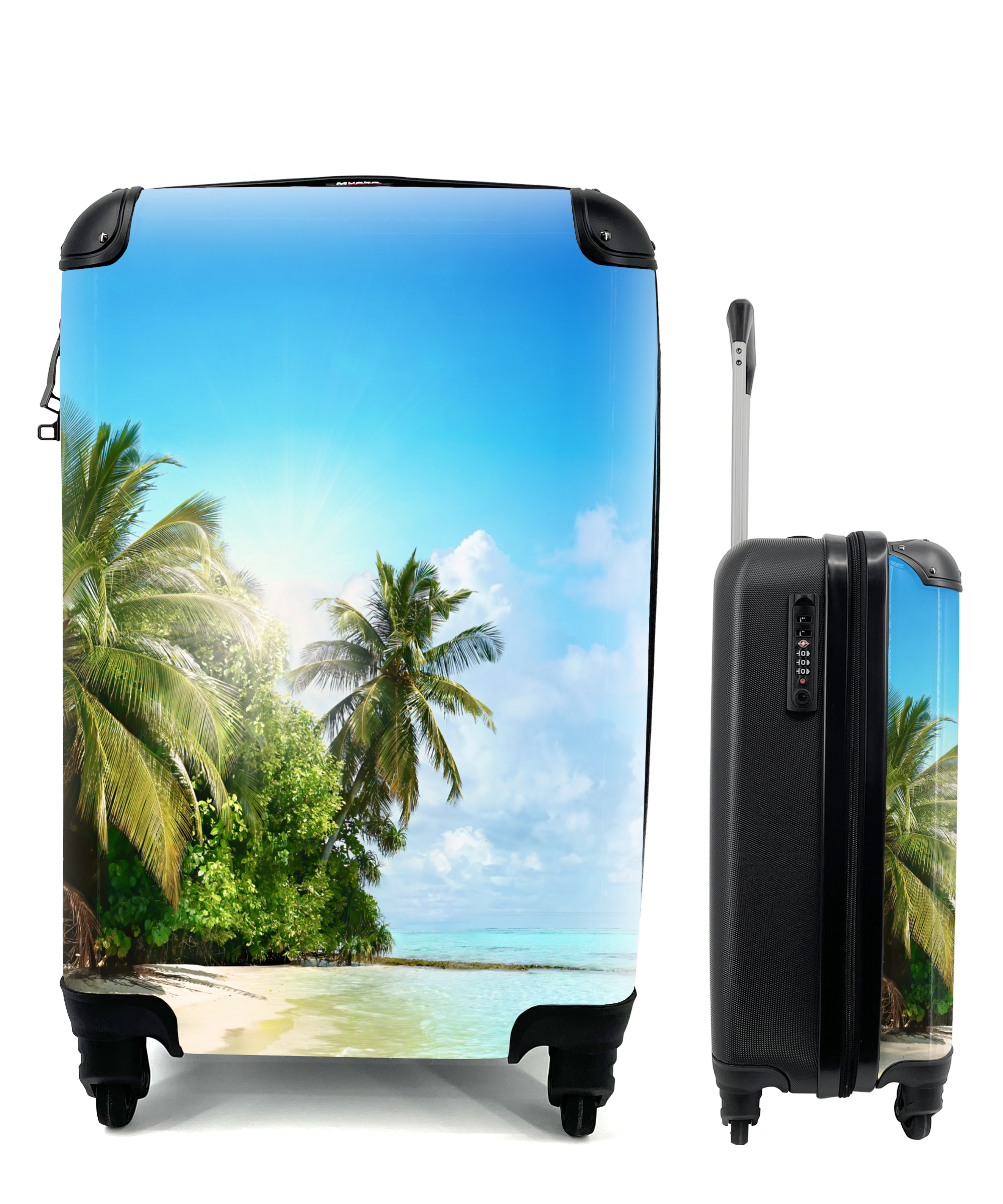 MuchoWow® Koffer Handgepäck Trolley Rollkoffer Kleine Reisekoffer mit 4 Rollen - Meer - Palme - Strand - Tropisch - Blau - Grün - Cabin Size < 55x40x23 cm & 55x40x20 cm - Fotokoffer - Kabinenkoffer - Boardgepäck - Reise-Box - Reisekoffer - Reisegepäck - Koffer mit Bild - Trolley für Kinder 68|891611462