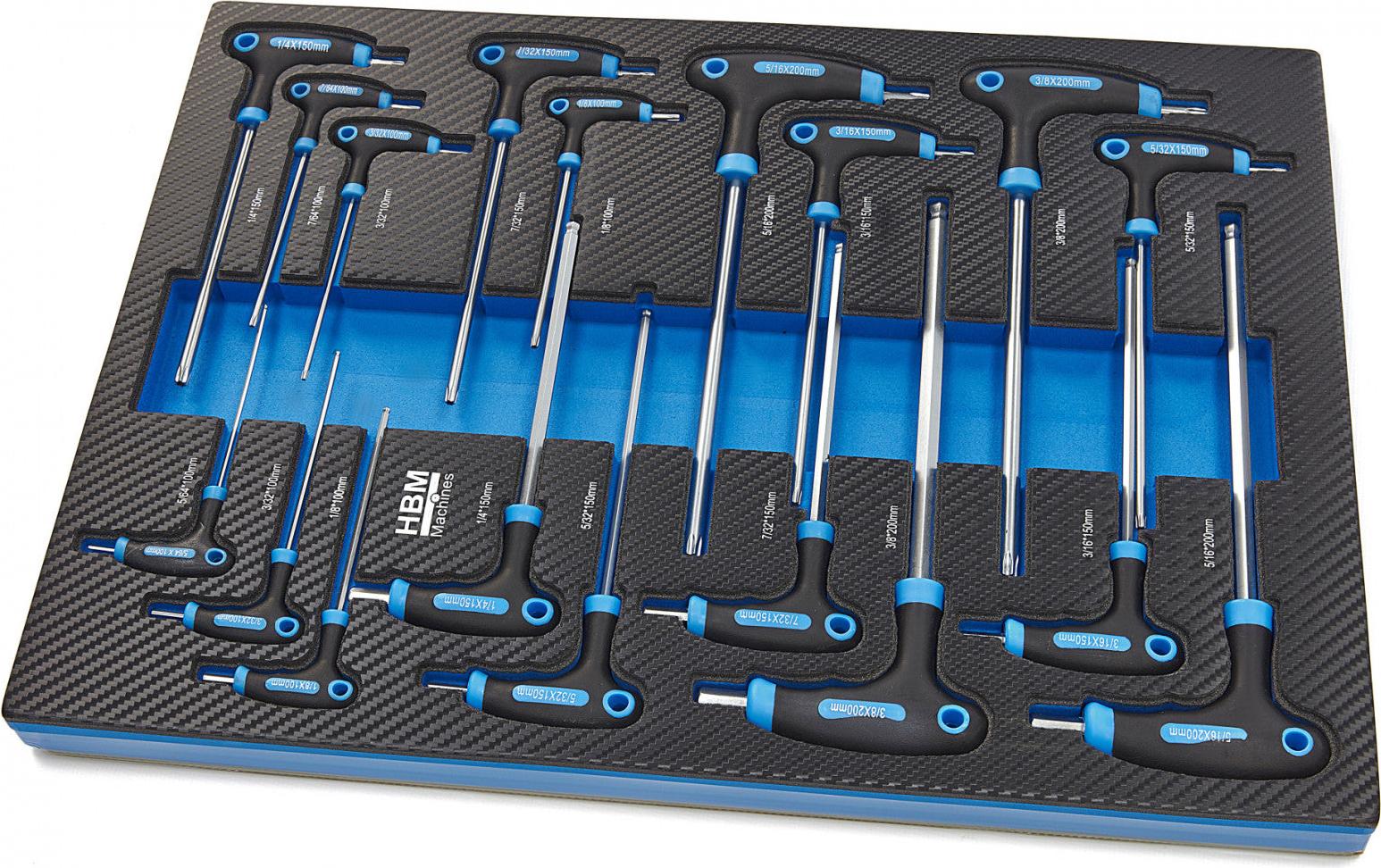 HBM 18-teiliges T-Griff-Set mit Zoll-Größenangaben, Carbon-Schaumstoffeinlage für Werkzeugwagen 13742