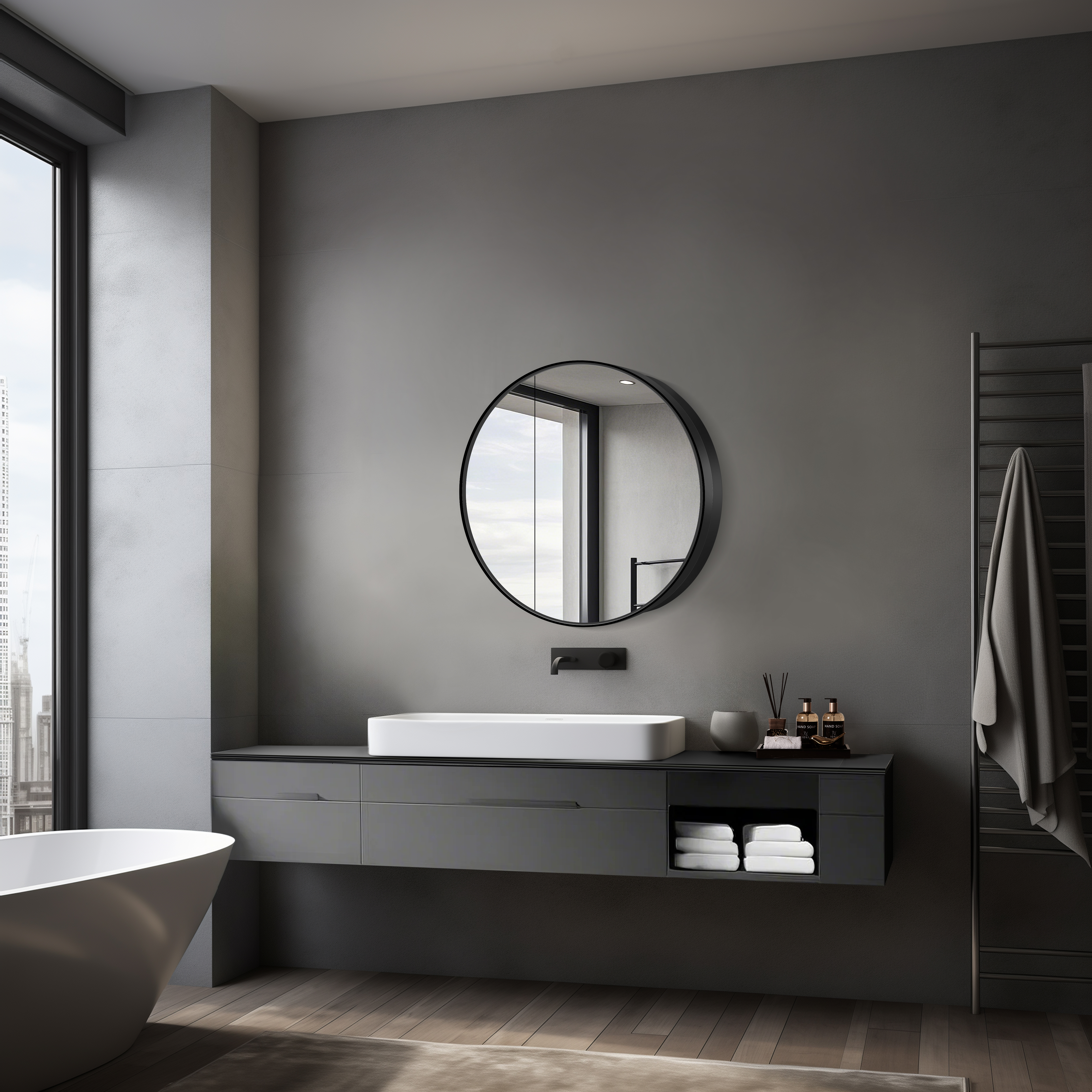 Spiegelschrank mit Beleuchtung Talos Black Nova Ø60 cm schwarz - Spiegelschrank Bad mit 2 Ablageflächen - Aluminium - Rückwand verspiegelt 50190