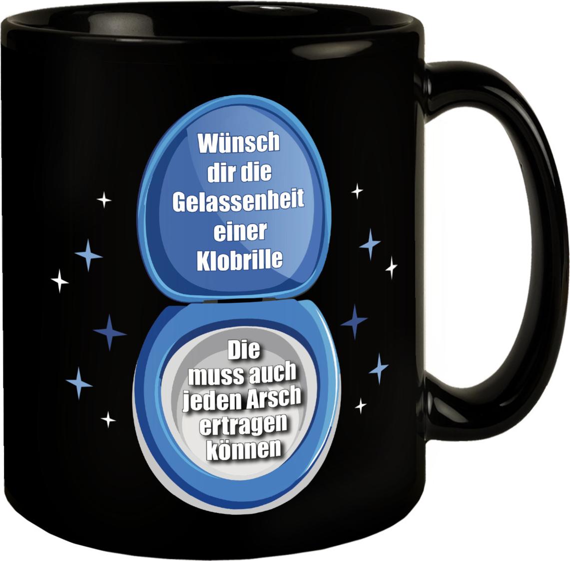 speecheese Klobrille Tasse in Schwarz mit Spruch: Gelassenheit wie eine Klobrille haben