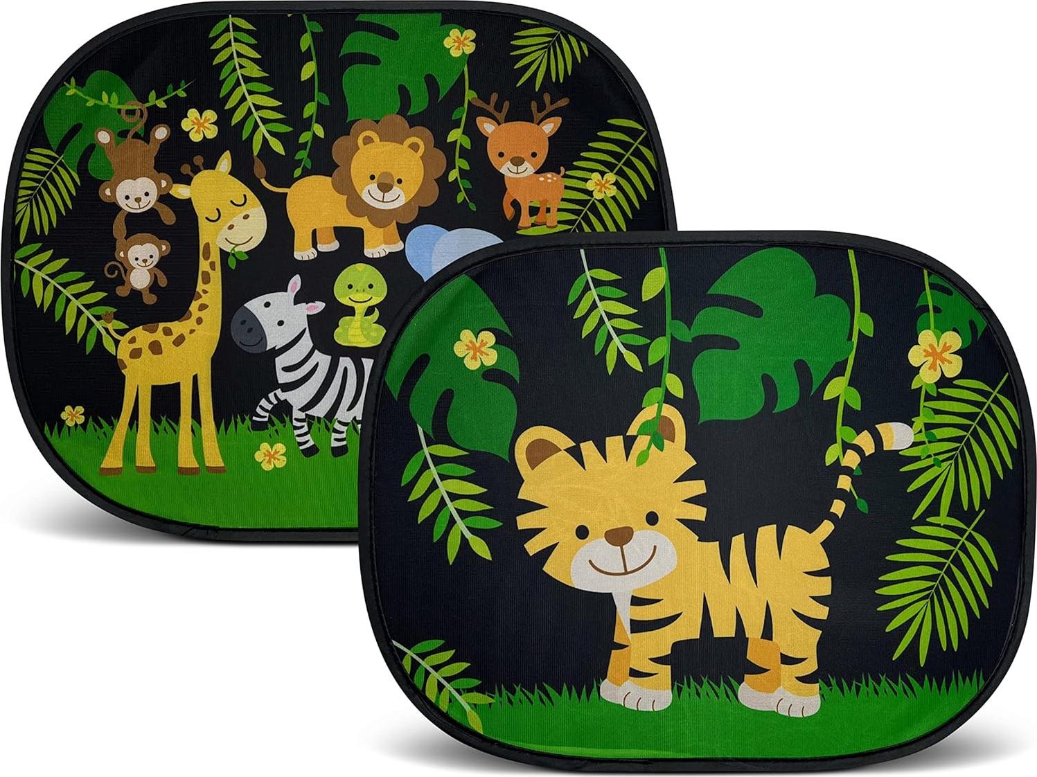 Markenlos 2x Auto Sonnenblende mit Dschungel-Tiermotiv - 44x36cm - Seitenfenster Sonnenblende Auto Sonnenblende - mit Tasche - für Babys Kinder Mädchen Jungen - Sonnenschutz