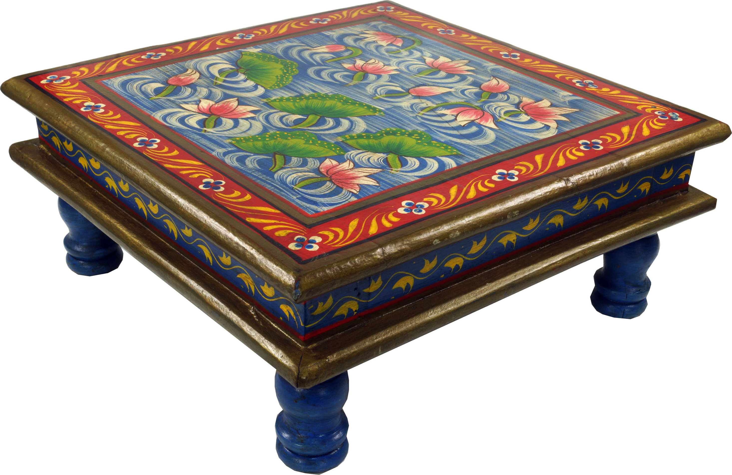 Guru-Shop Bemalter Kleiner Tisch, Minitisch, Blumenbank - Seerose Blau/rot, Holz, 16*38*38 cm, Kaffeetische & Bodentische 25937