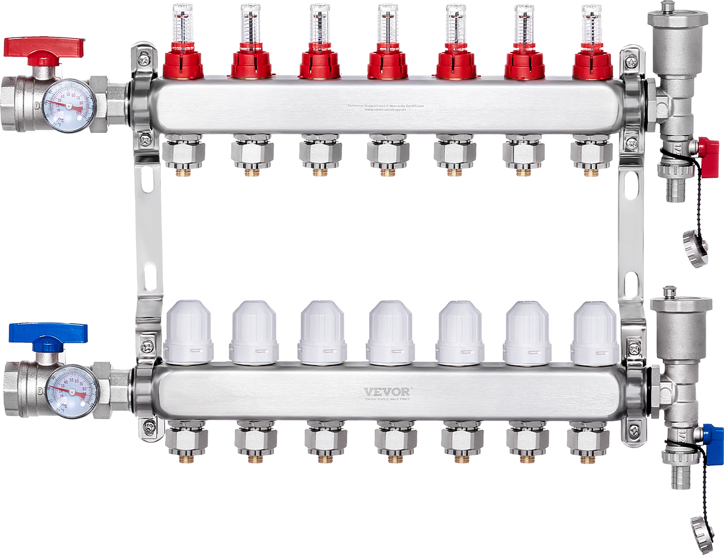 VEVOR 7-Zweig-Wärmeverteilungsverteiler, 1/2-Zoll-PEX-Rohrverteiler, Edelstahl-PEX-Verteiler für hydronische Fußbodenheizung, Wärmeverteilungs-PEX-Verteilersatz mit 1/2-Zoll-Adaptern 7012-25-07-00