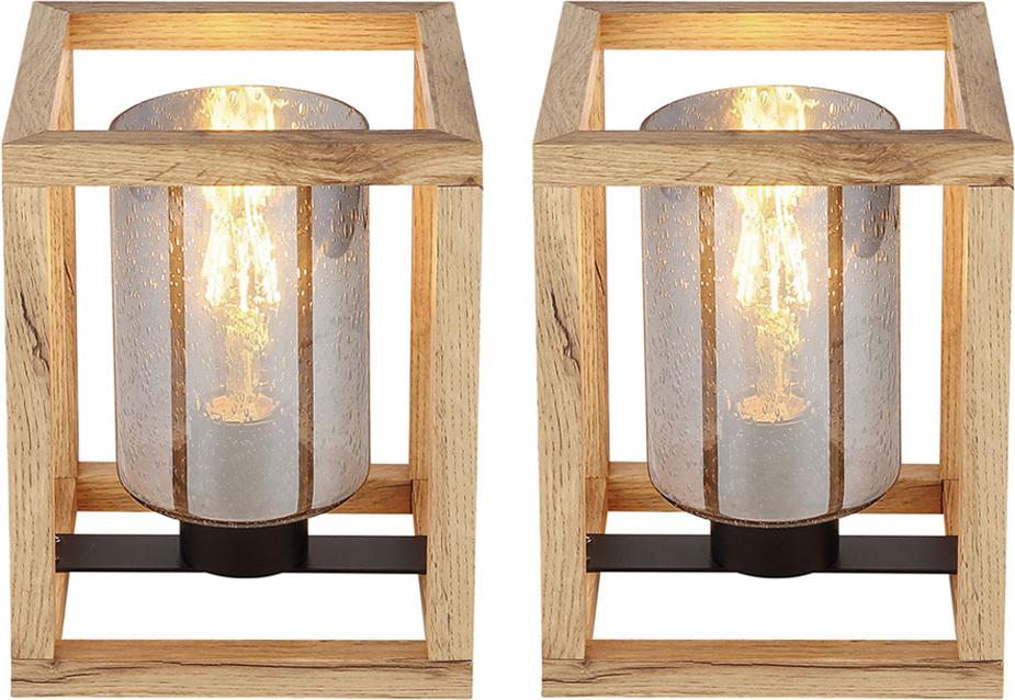 Globo Lighting 2x Tischleuchte, Rauchglas, Holz, Luftblasen, schwarz, H 22 cm 152050