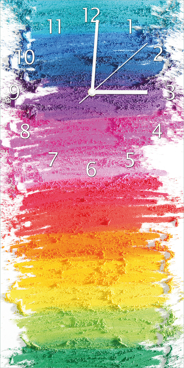 Wallario Design Wanduhr Regenbogenstreifen auf weißem Hintergrund - Bunter Anstrich aus Echtglas, Größe 30 x 60 cm guk0107-3060