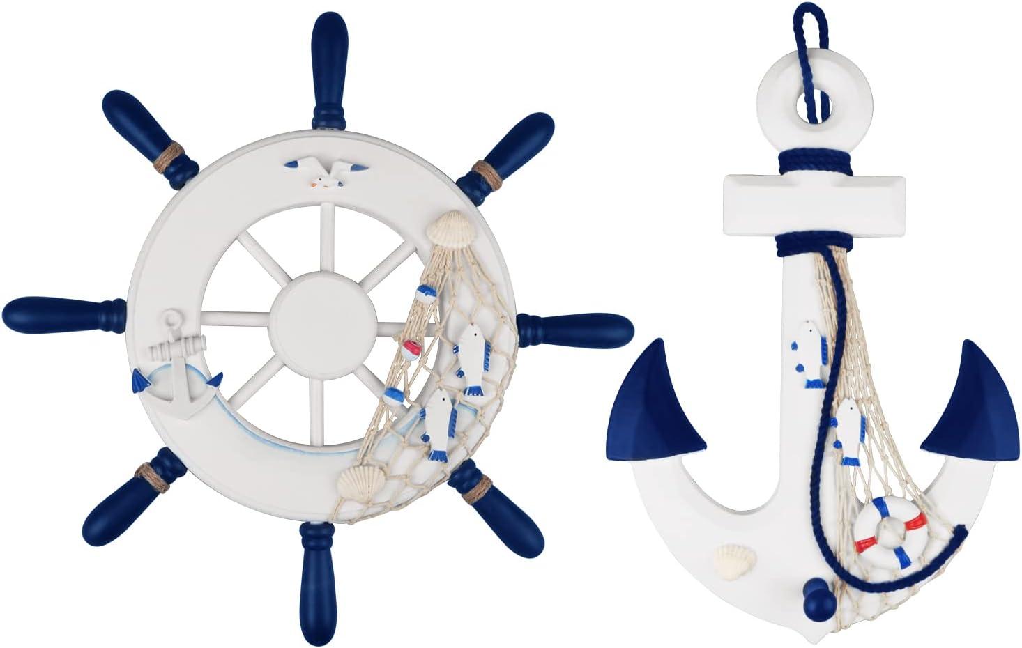Mmgoqqt 2er-Pack: 32 cm großes Bootssteuerrad aus Holz und Holzanker mit Seil, nautisches Bootssteuerrad, Ruder, Wanddekoration, Türhänger Kau-LA-26326-256