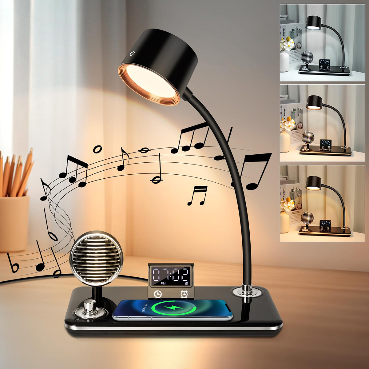 Welikera LED Schreibtischlampe dimmbar mit Touchsteuerung, 3 Farben, 15W Qi Ladegerät, USB-Anschluss, Uhr, für Kinder, Schreibtisch Zubehör KAUF-INTT-LT1364-4