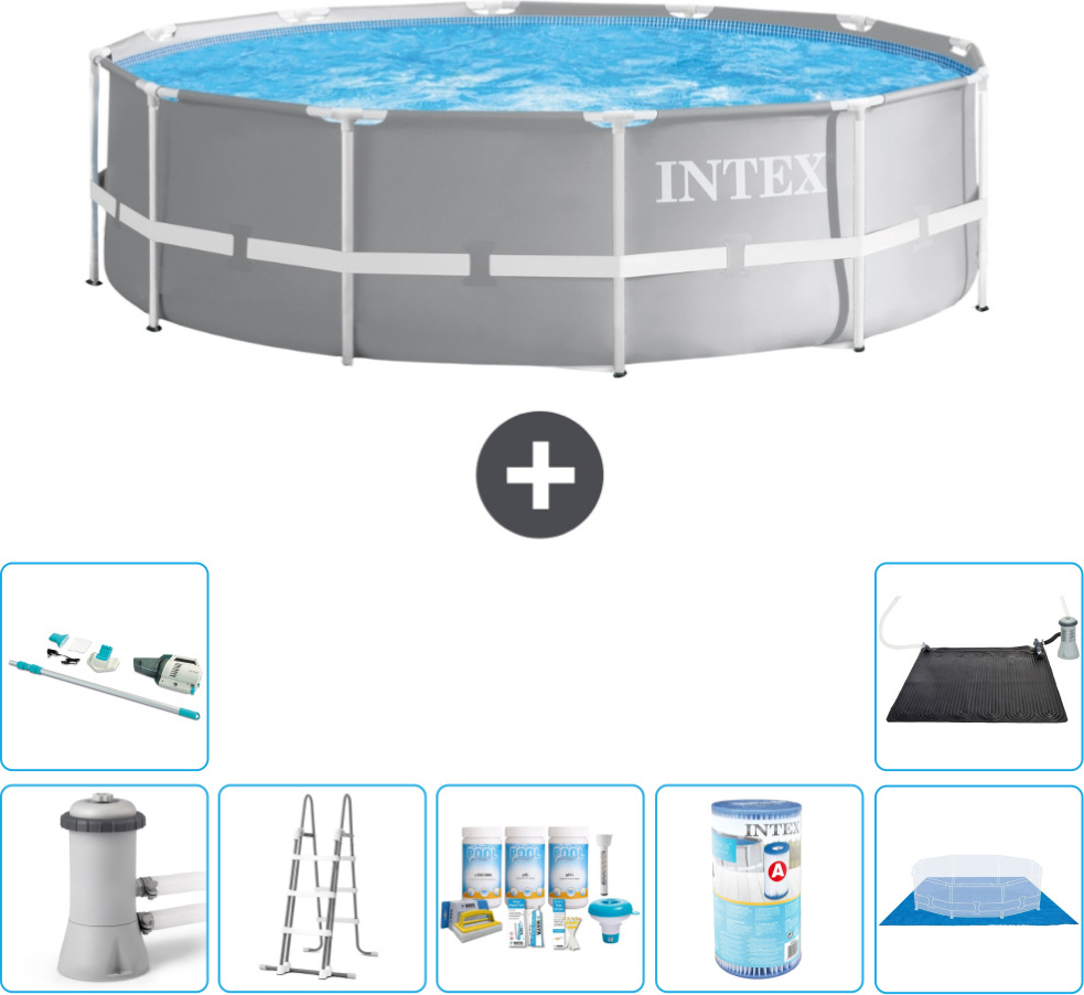 Bazén Intex Round Prism Frame - 366 x 99 cm - sivý - vrátane čerpadla - rebríka - filtračnej plachty - vysávača - solárnej podložky