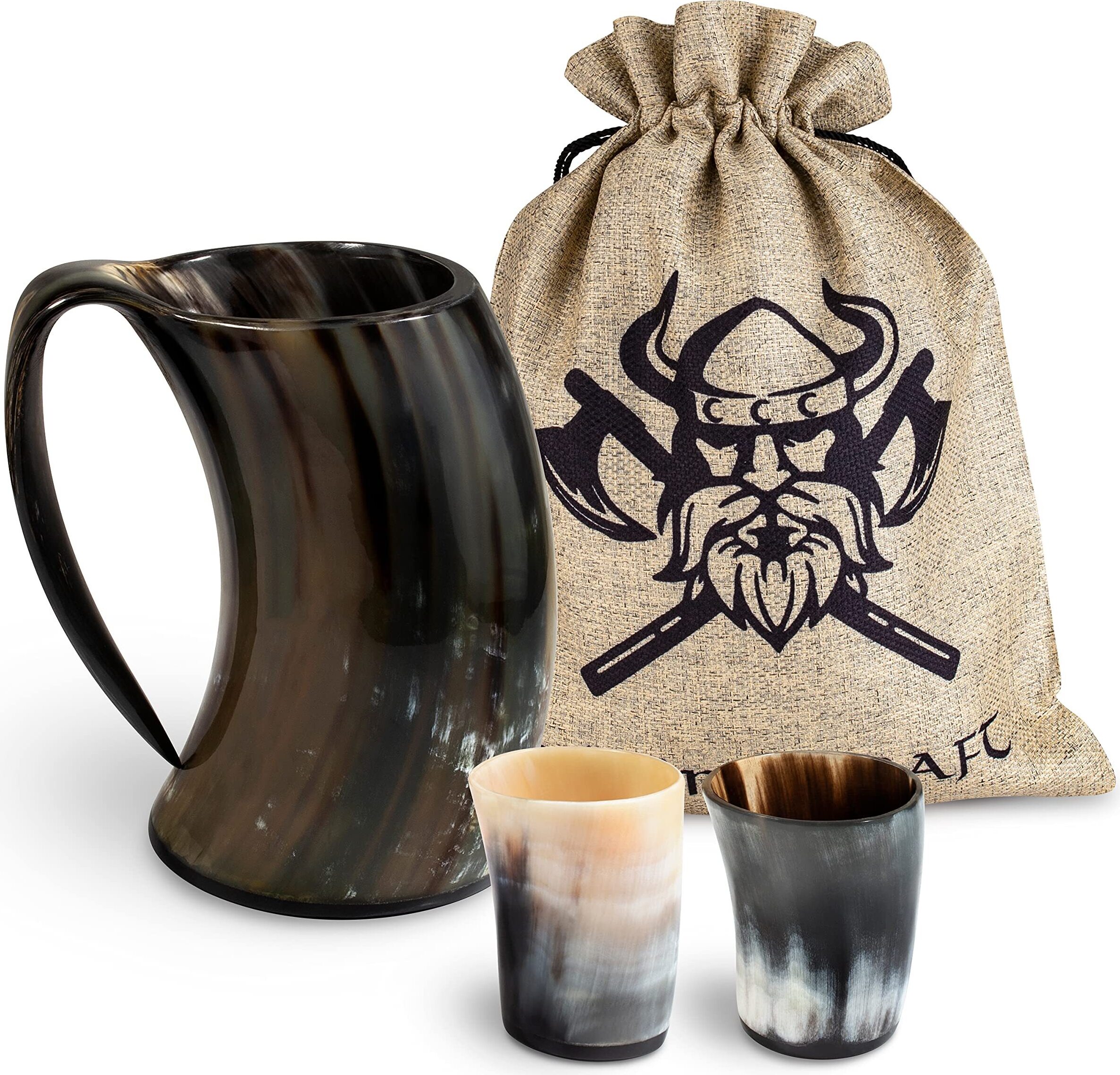 VIKING CRAFT® Trinkhorn Wikinger Krug 600ml - Extra großer Krug und 2 Wikinger Becher für Deinen Wikinger Met - Geschenk Hornbecher, Wikinger Deko, KRZ-71