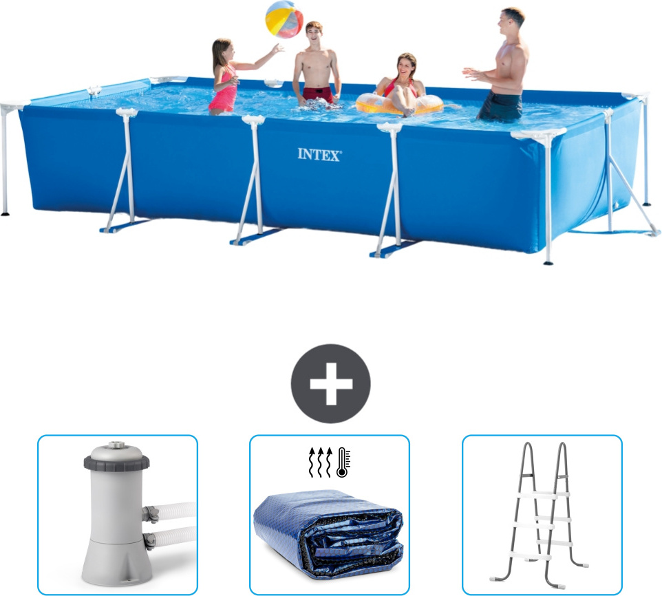 Bazén Intex s obdĺžnikovým rámom - 450 x 220 x 84 cm - modrý - súčasťou dodávky je filtračné čerpadlo pre bazén - slnečná plachta - rebrík