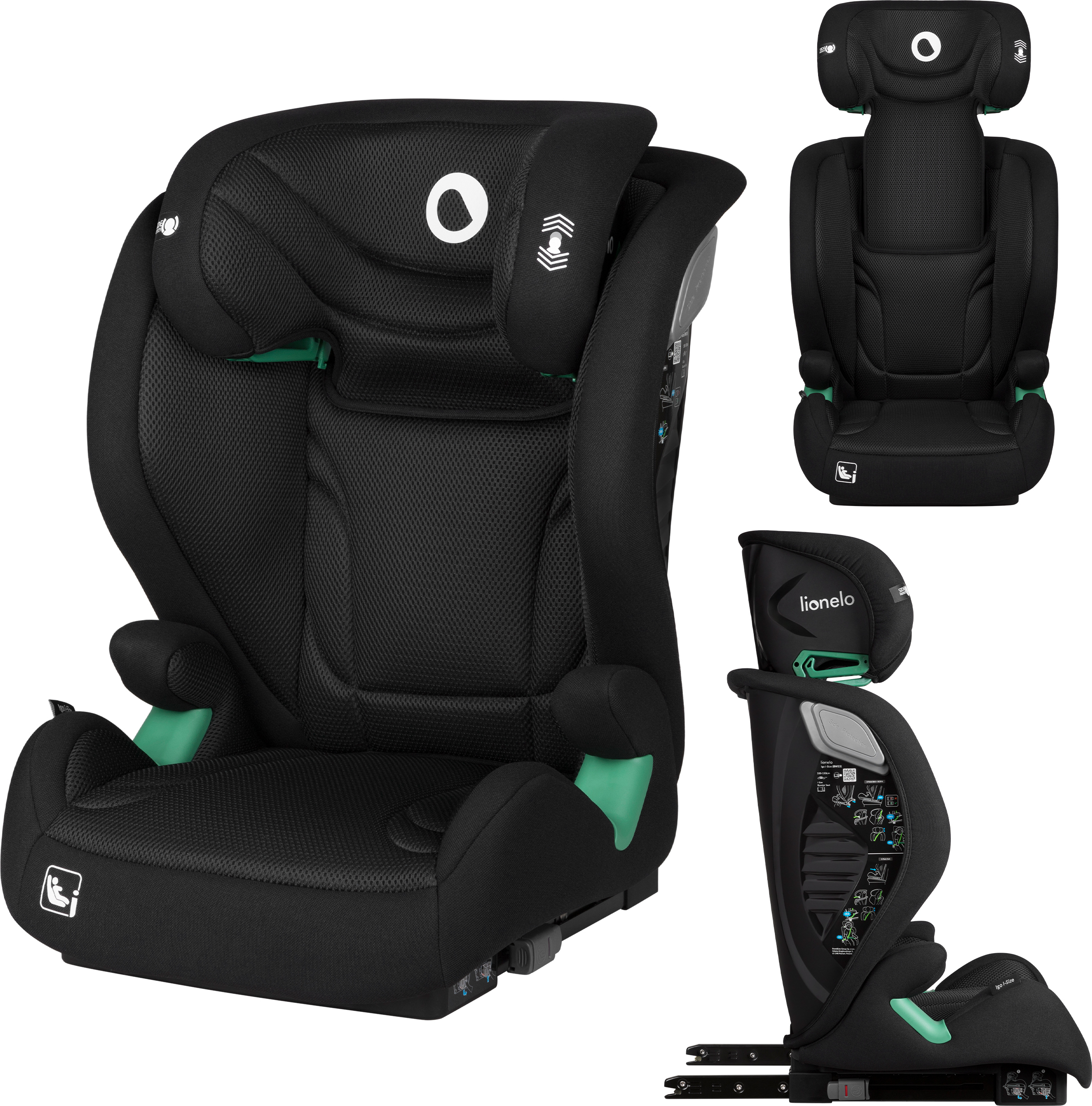 Detská autosedačka Lionelo Igo i-Size od 3 rokov do 12 rokov, ISOFIX alebo upevnenie bez pásov v smere jazdy - čierna