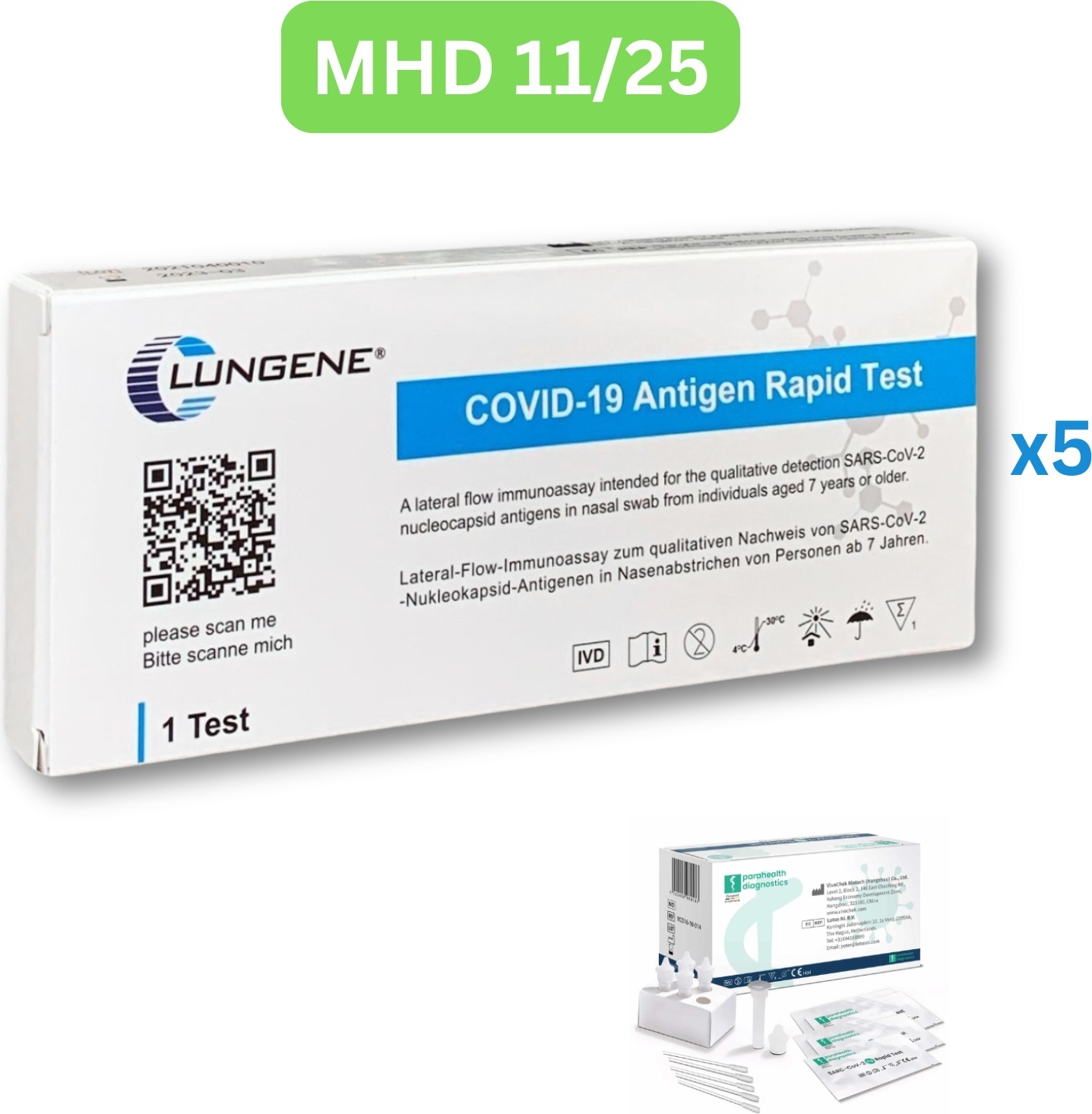 Clungene Covid-19 Corona Antigen Schnell-Selbsttest (Laientest) 5 Stück MHD 11/25| Einzeltest | ID: 2099 | GRATIS parahealth Tests (5 Stück, MHD 12/25)