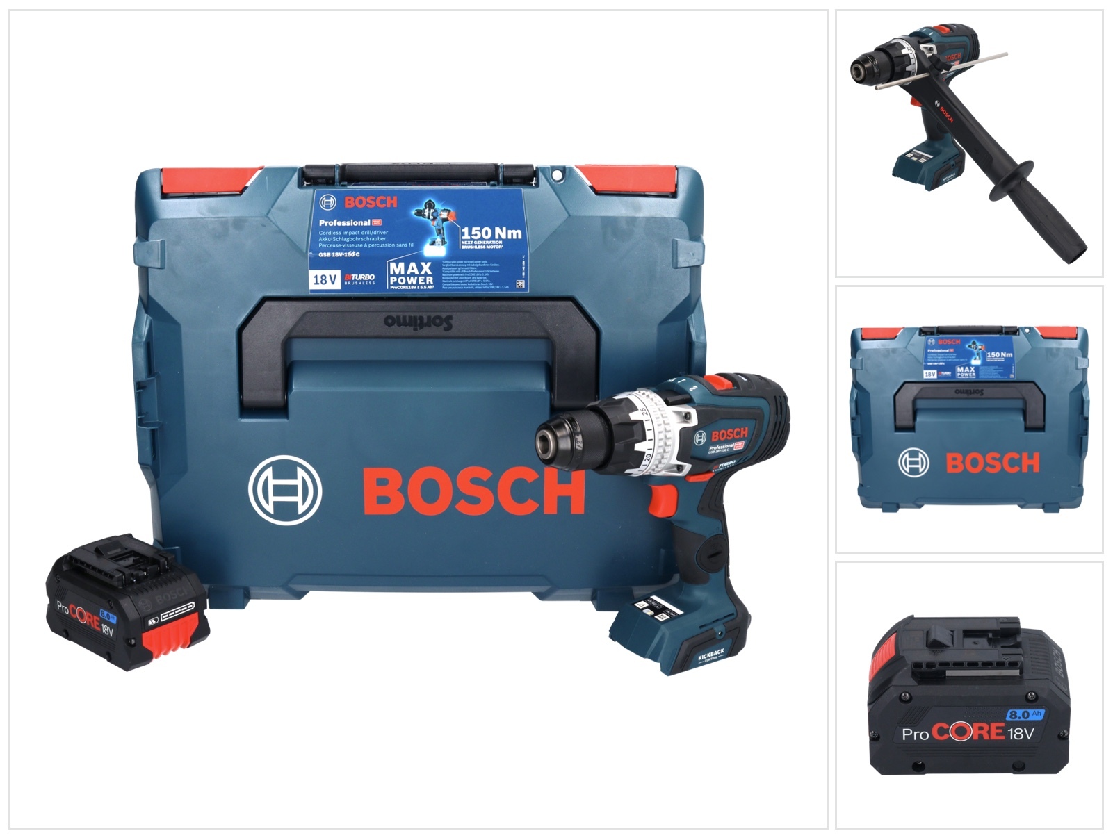 Bosch GSB 18V-150 C Profesionálna akumulátorová príklepová vŕtačka 18 V 150 Nm Biturbo Brushless + 1x akumulátor ProCORE 8,0 Ah + L-Boxx - bez nabíjačky