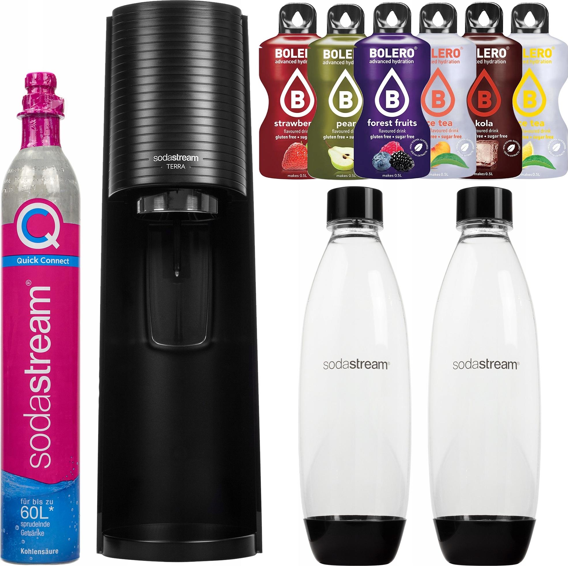 Výrobník perlivej vody Sodastream Terra Black s 2 fľašami a príchuťou Bolero