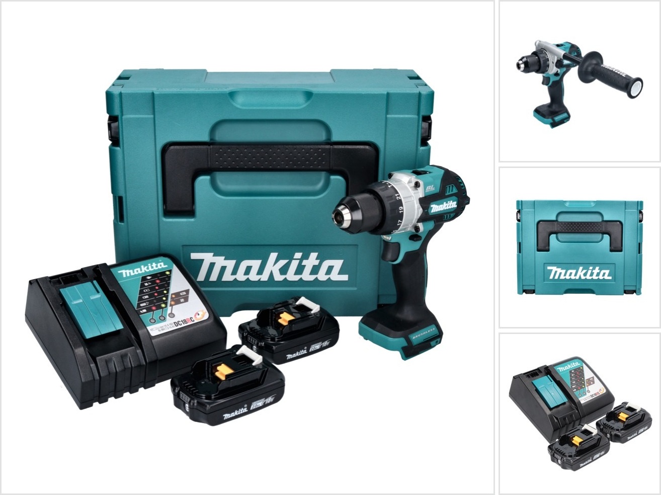 Akumulátorová príklepová vŕtačka Makita DHP 486 RAJ 18 V 130 Nm bez kefiek + 2x akumulátor 2,0 Ah + nabíjačka + Makpac