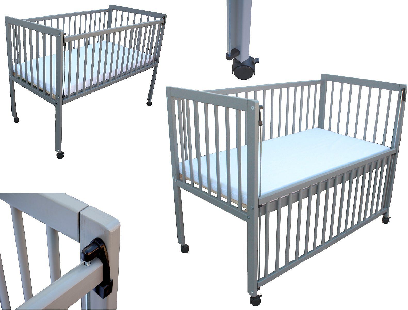 Kinderbett / Beistellbett / Babybett 2in1 120x60cm mit Matratze grau