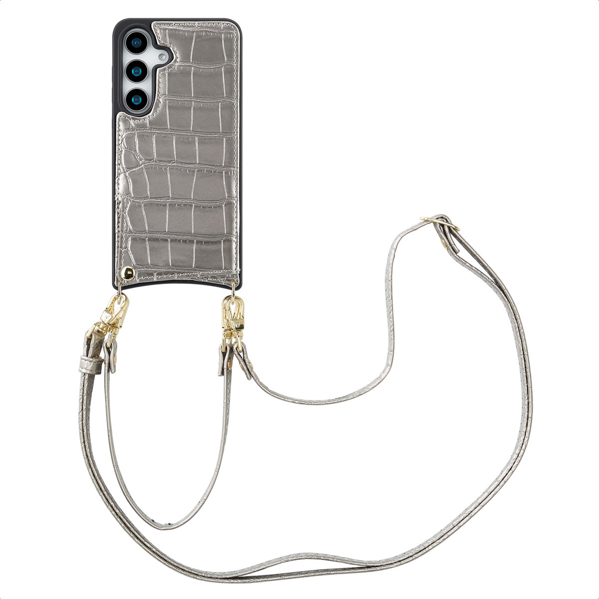 Puzdro na telefón Selencia Nova Croco s káblom a držiakom kariet pre Samsung Galaxy S25 - strieborné