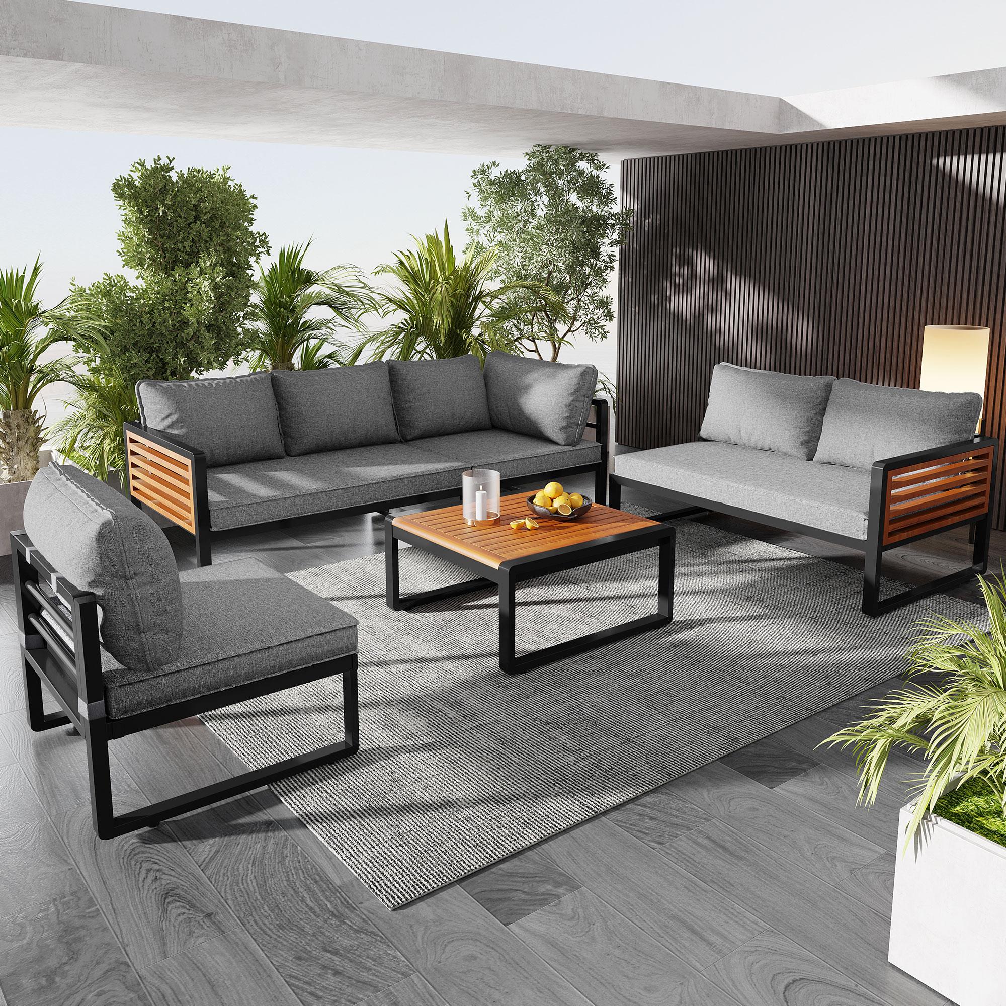 Lanki International GmbH Gartenmöbel-Set für 5-6 Personen , Outdoor-Sofa mit verzinktem Eisenrahmen & Holz-Armlehnen,Loungembel, Balkonset,Garten & Terrasse