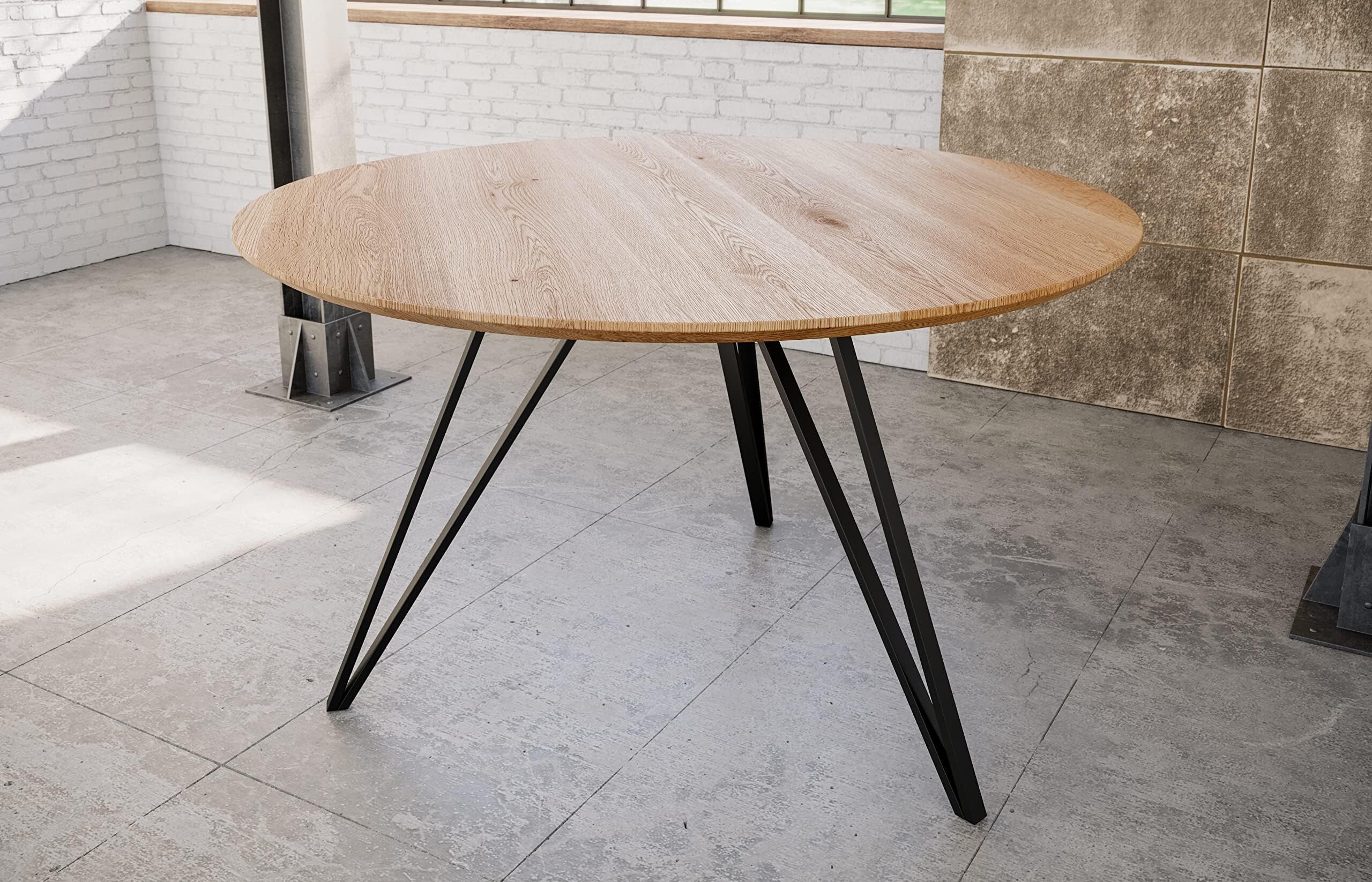 Runder Esstisch 90 cm Dream, Eichenholz geölt, Esszimmertisch mit Schweizer Kante, Hairpin-Gestell Eisen schwarz, massiver Holztisch, Tischplatte 26mm