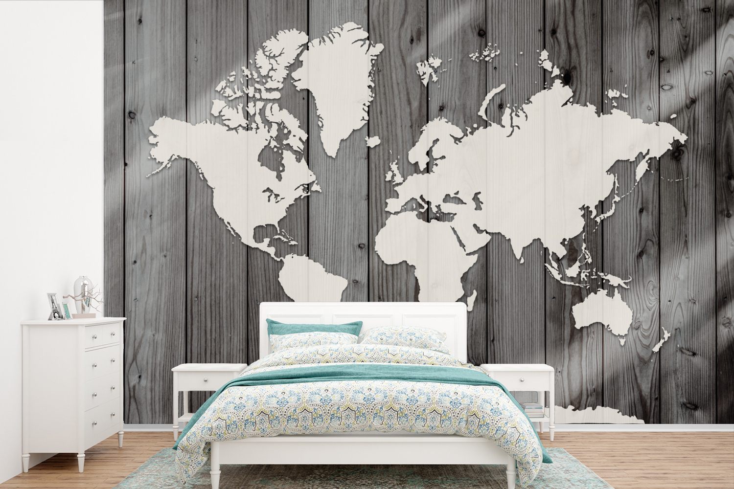 MuchoWow® Fototapete für Wohnzimmer oder Schlafzimmer Wandtapete Vinyl Motivtapete Weltkarte - Holz - Schwarz - Weiß - 360x240 cm - Vinyl-Tapete 59|57635549