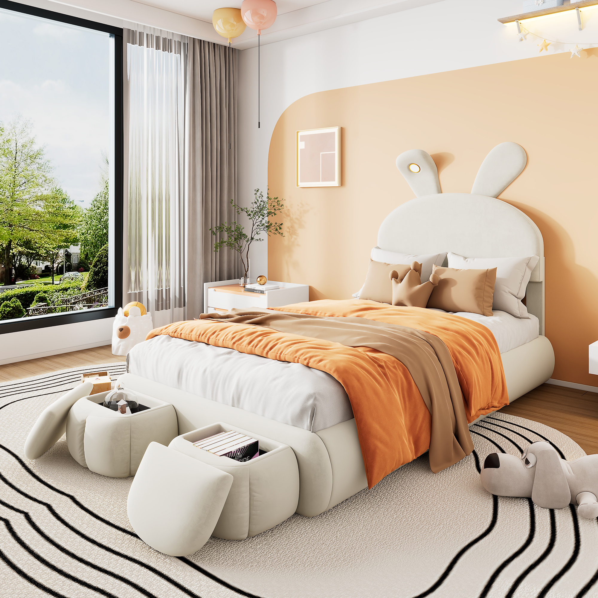 okwish Kinderbett Polsterbett 90×200 cm mit warmfarbenen Lichtstreifen, Stauraumbett mit 2 Aufbewahrungshockern für kinder, Samt Beige(Mit Matratze)