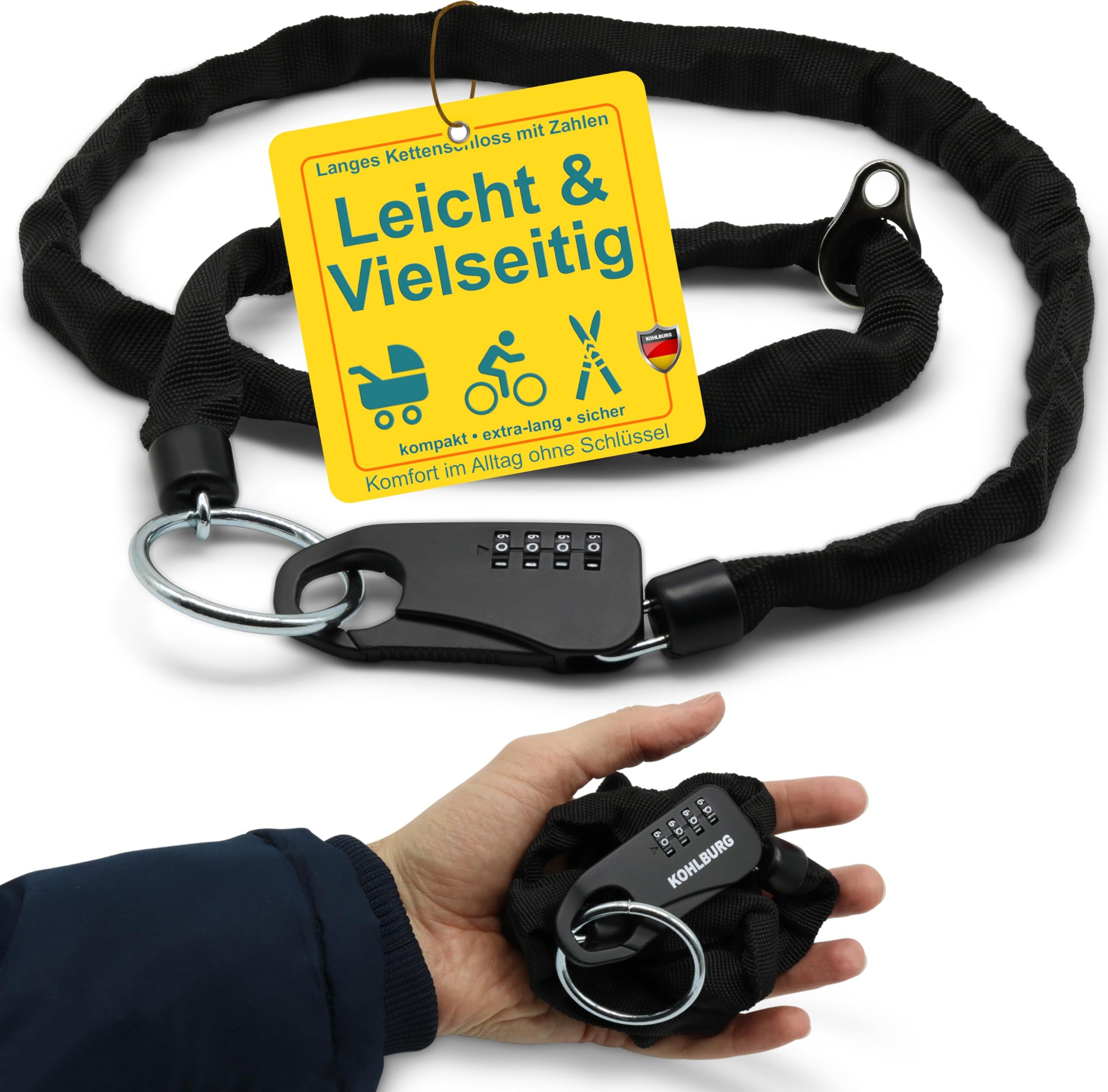 Sonstige KOHLBURG sicheres + leichtes Taschenschloss mit Zahlencode [129cm lang, 3mm stark] - als Kinderwagenschloss Skischloss Snowboardschloss & Helmschloss Motorrad - Zahlenschloss Fahrrad Kinderwagen KB-Kettenschloss-07