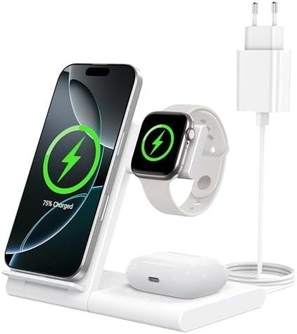 BundiGlassware Ladestation Apple Watch und iPhone, 3 in 1 Ladestation für iPhone 17/16/15/14/13/12/11/Pro/Max/Plus, Apple Watch Ultra 3/11/10/9/8/7/6/SE 3, für AirPods 4/3/2/Pro 3 (Weiß) BGHYF26325AMZ008