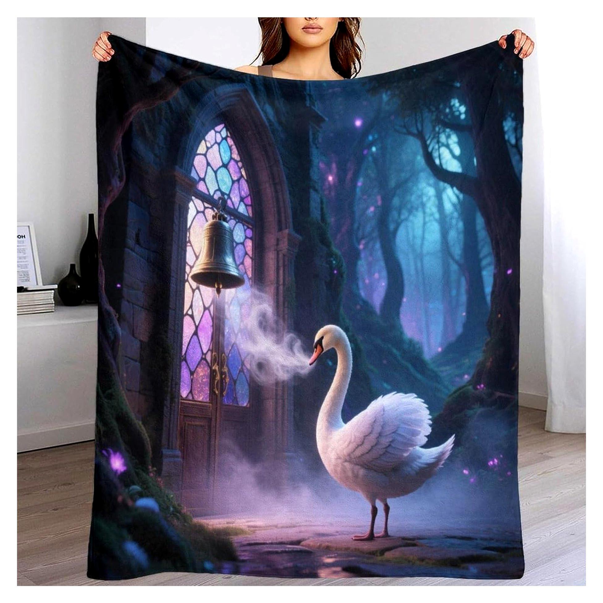 Markenlos Decke mit Schwänen und Kirchenglocken, 3D-Druck, abstraktes Flanell-Plüsch, weich und warm, 127 x 152 cm